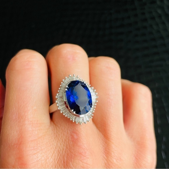 Lab Blue Sapphire Halo Sterling Silver Cocktail Ring & Earrings ASK FOR … - Picture 8 of 15